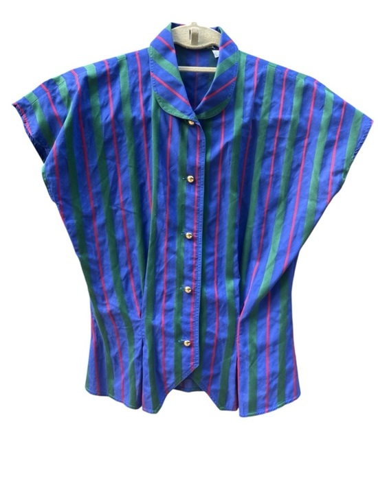 Alain Figaret Tops - Vintage Alain Figaret Paris Striped Gold Button-Front Top in Blue and Green